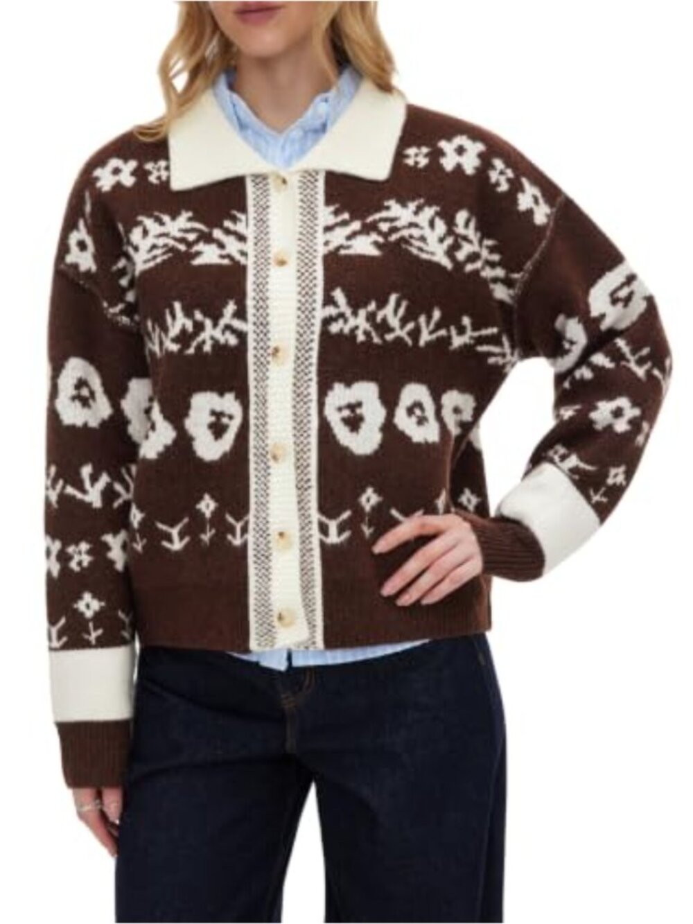 Floral Fair Isle Button Front Knit Cardigan Long Sleeve Polyester Blend